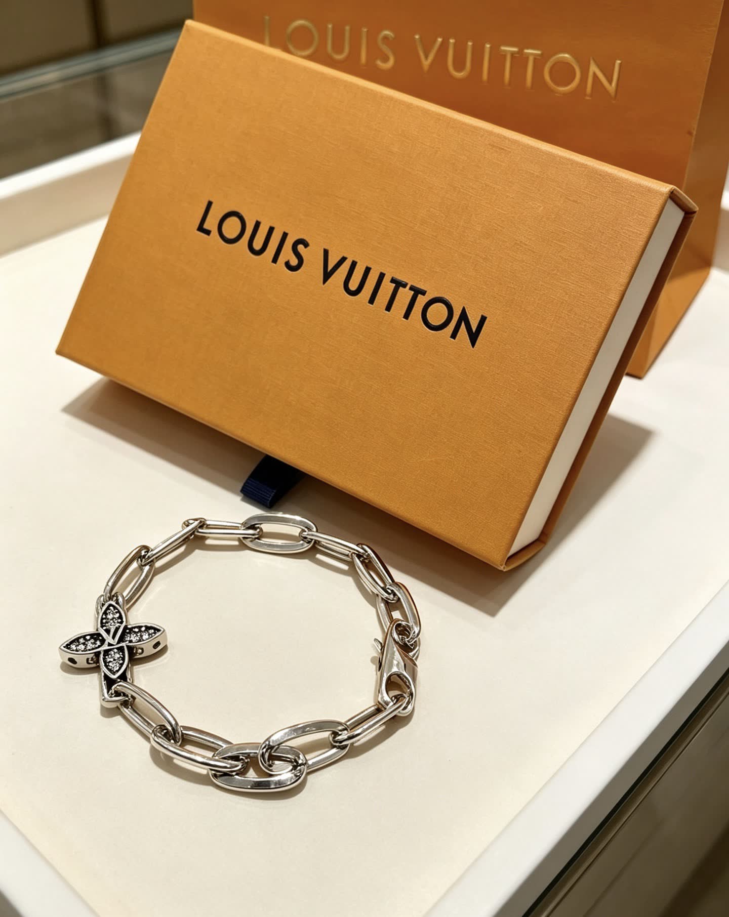 Louis Vuitton Silver Bracelet with Monogram Flower Charm